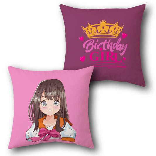 Anime Birthday Girl Cushion – Dual Side Pink Celebration Design