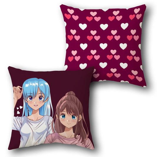 Anime Besties Cushion – Dual Side Heart & Girl Design