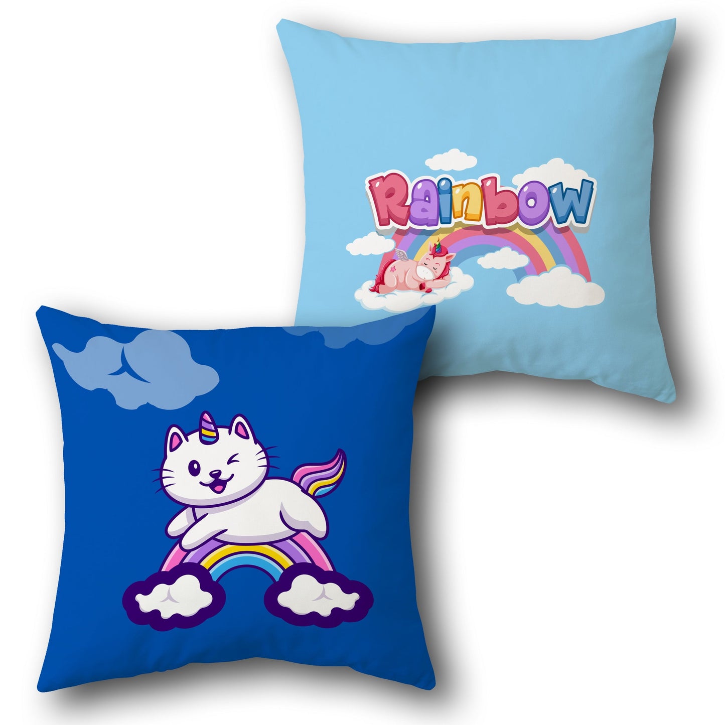 Rainbow Unicorn Fantasy Dual-Sided Cushion – Cute Catcorn & Flying Unicorn
