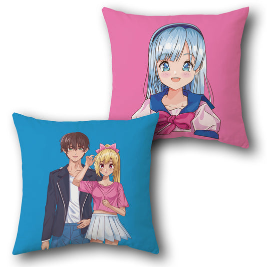 Kawaii Charm Dual-Sided Cushion – Playful Anime Couple & Schoolgirl Smile