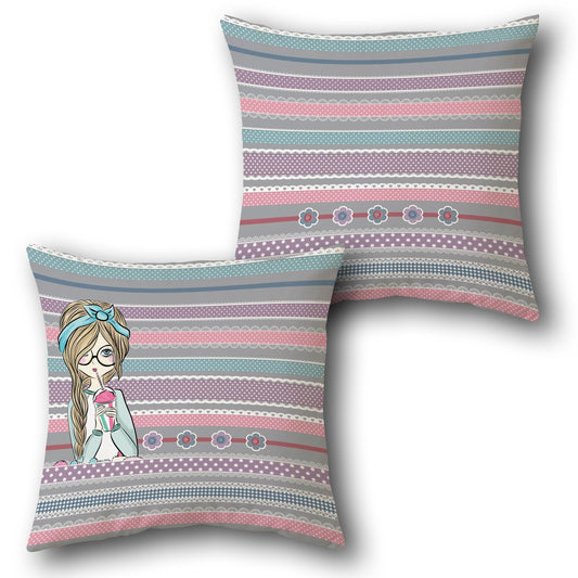 Trendy Girl & Pastel Stripes Reversible Cushion
