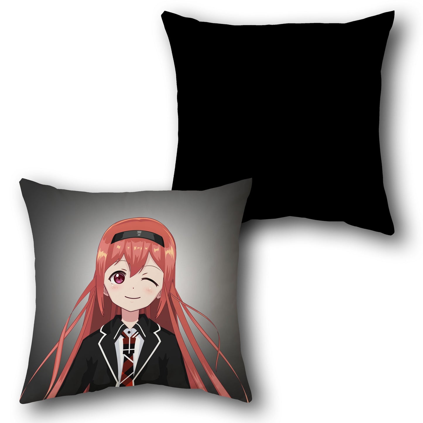 Anime Girl Winking Cushion – Black & Grey Background (Single Side Print)