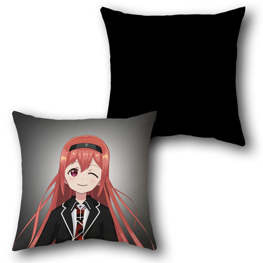 Anime Girl Winking Cushion – Black & Grey Background (Single Side Print)