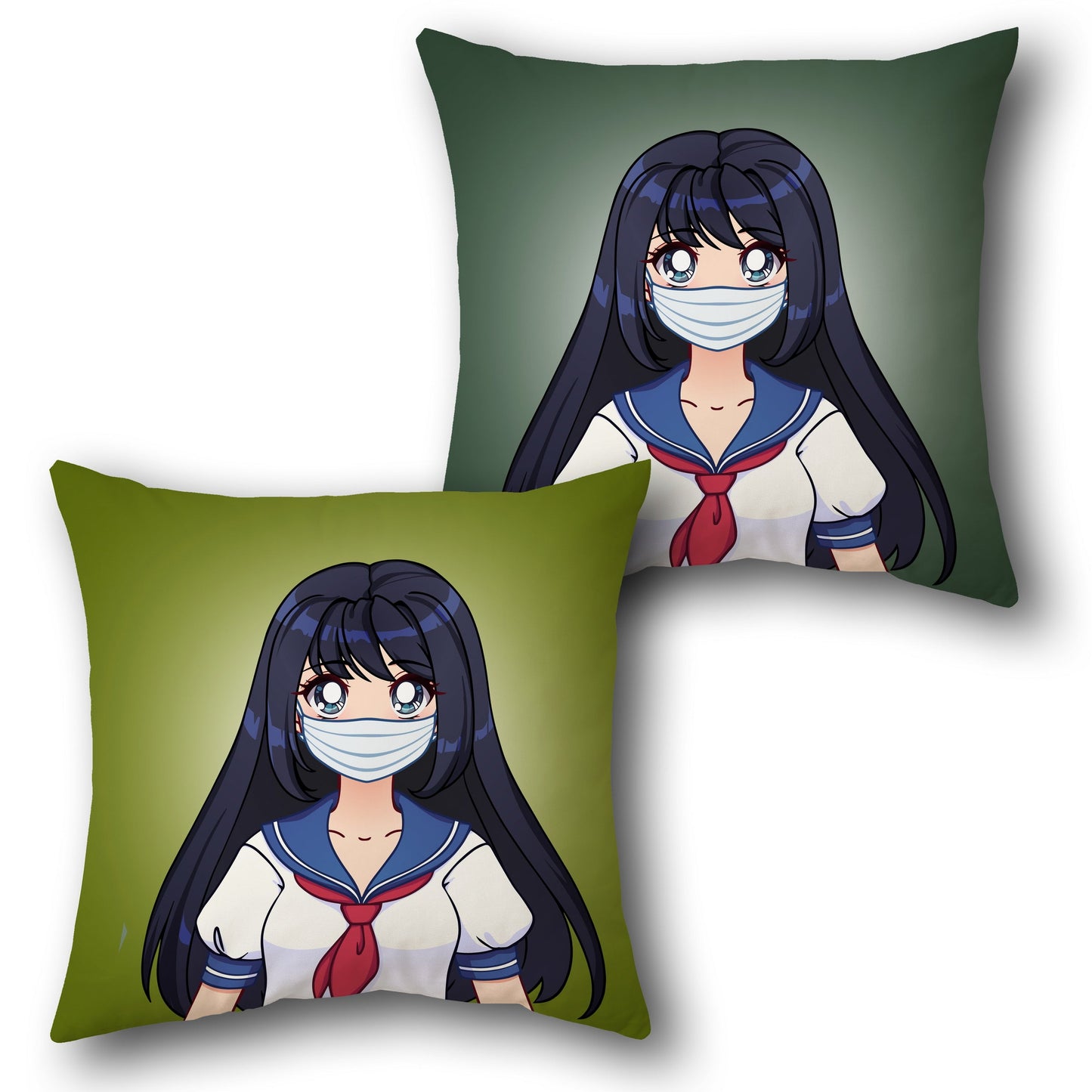 Anime Girl Masked Cushion – Dual Tone Green (Front & Back Print)