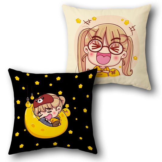Sleepy Girl & Happy Face Cartoon Cushion – Single (Front & Back)