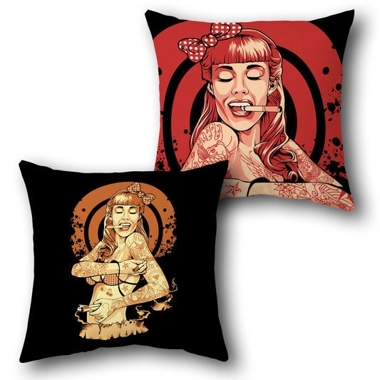 Tattoo Pin-Up Girl Smoking Cushion (Front & Back Design)