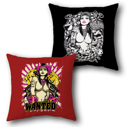 Wanted Tattoo Babe Cushion (Front & Back Design)