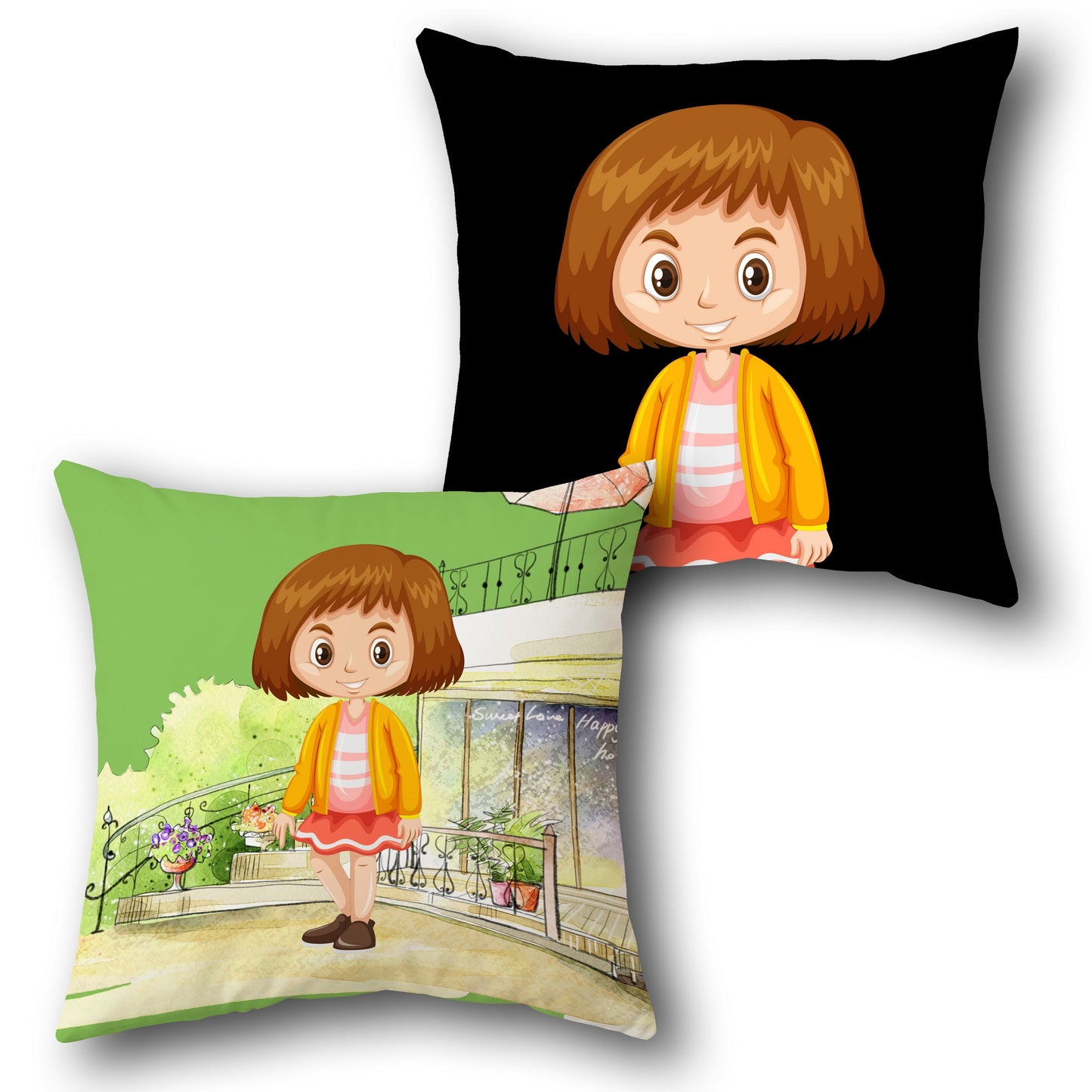 Casual Girl in Yellow Jacket Cushion (Front & Back)