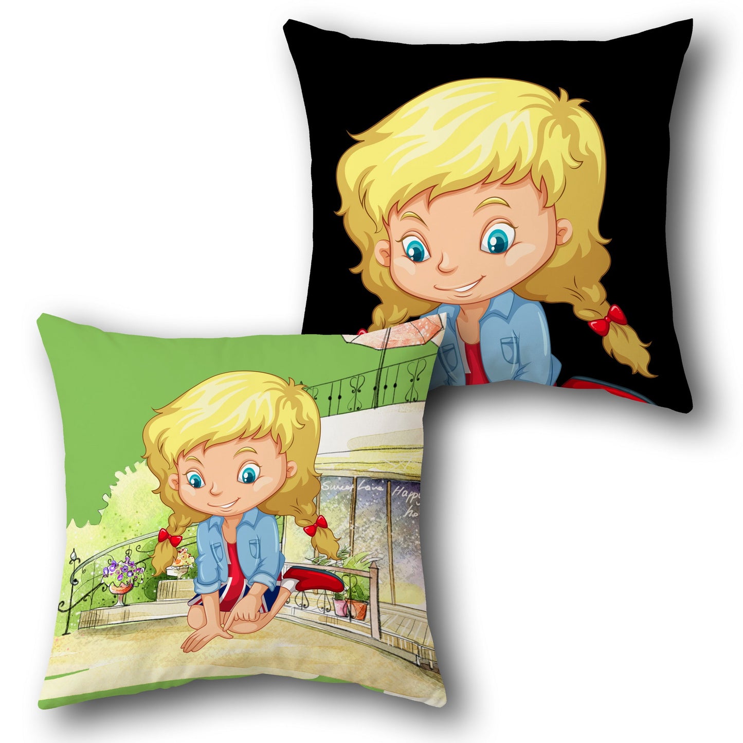 Pigtail Girl in Denim Jacket Cushion (Front & Back)