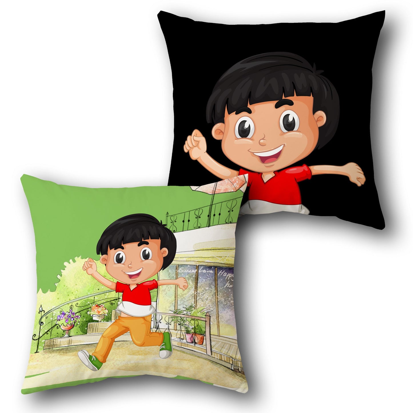 Energetic Boy in Red Shirt Cushion (Front & Back)
