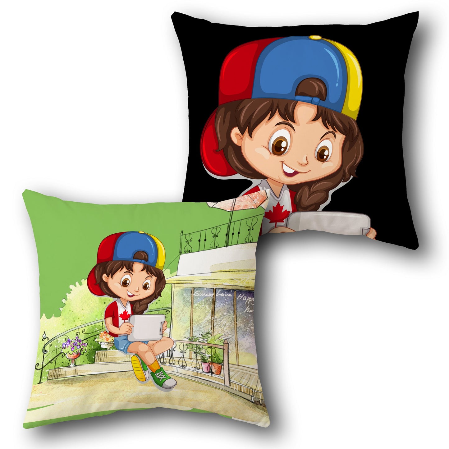 Tech-Savvy Girl in Cap Cushion (Front & Back)