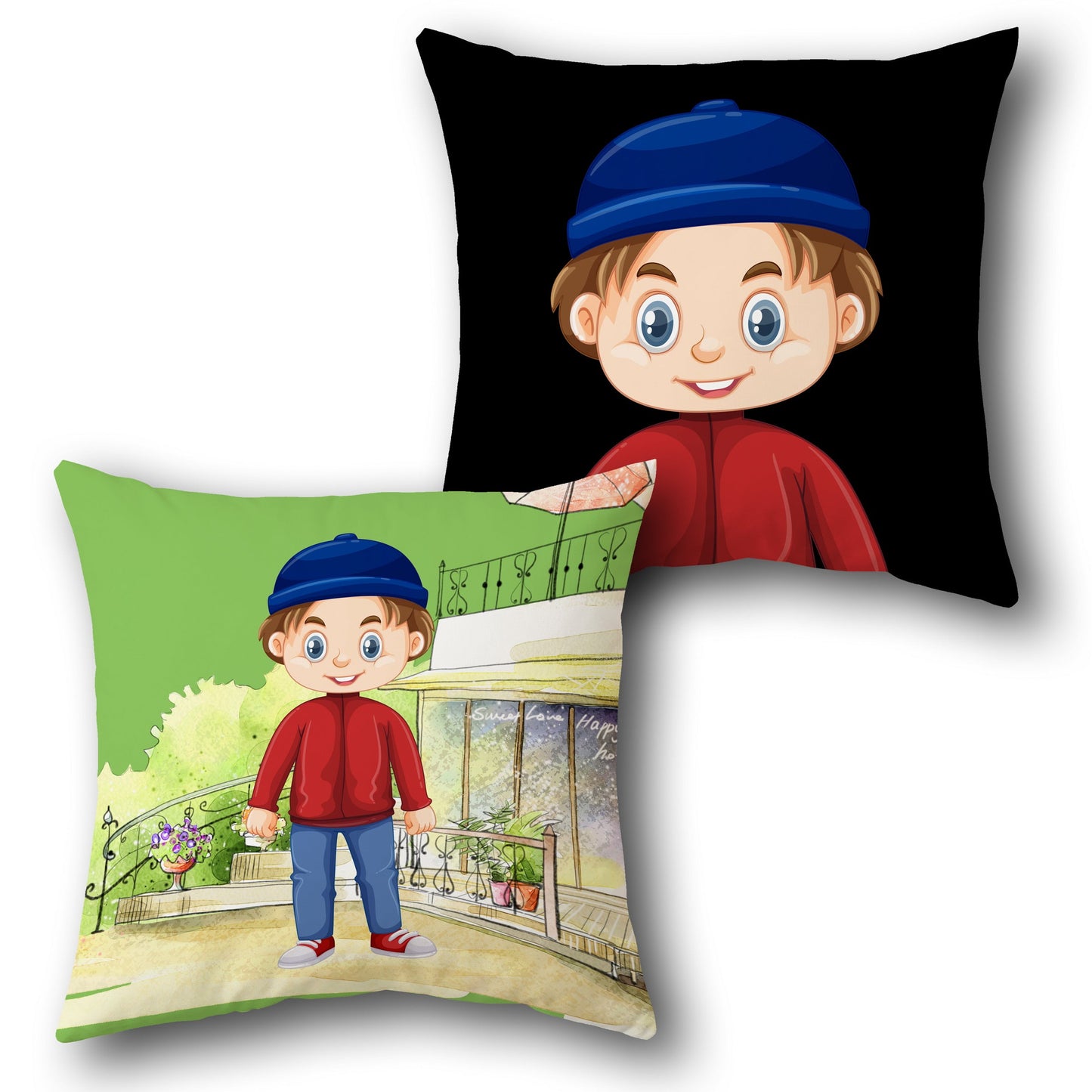 Cheerful Boy in Beanie Single Cushion (Front & Back)
