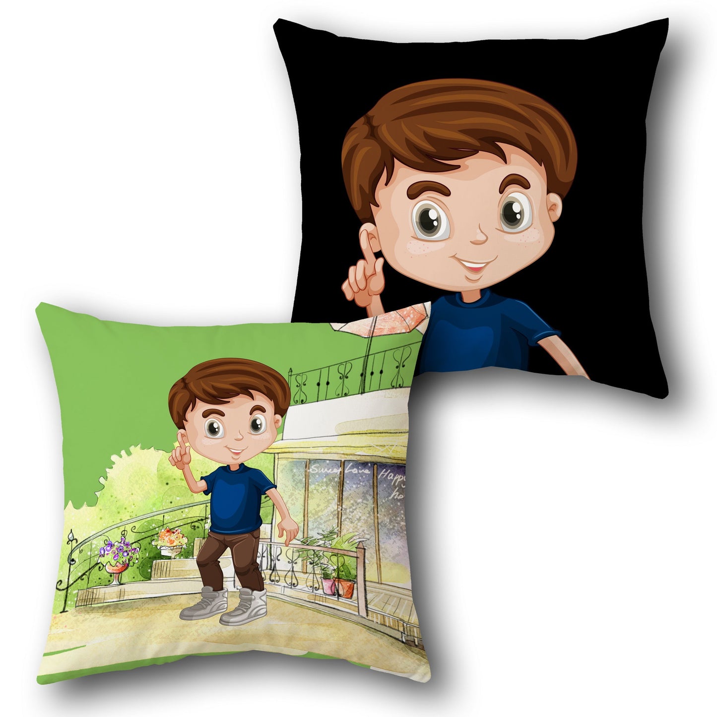 Playful Boy in Blue Single Cushion (Front & Back)