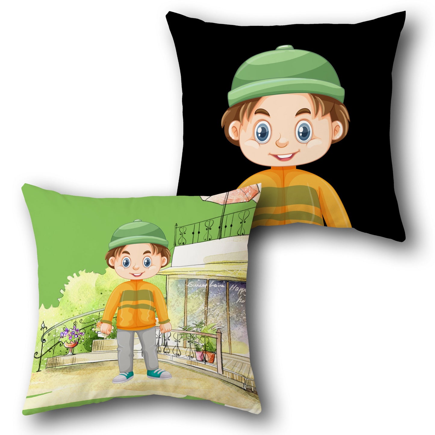 Smiling Boy in Green Cap Single Cushion (Front & Back)