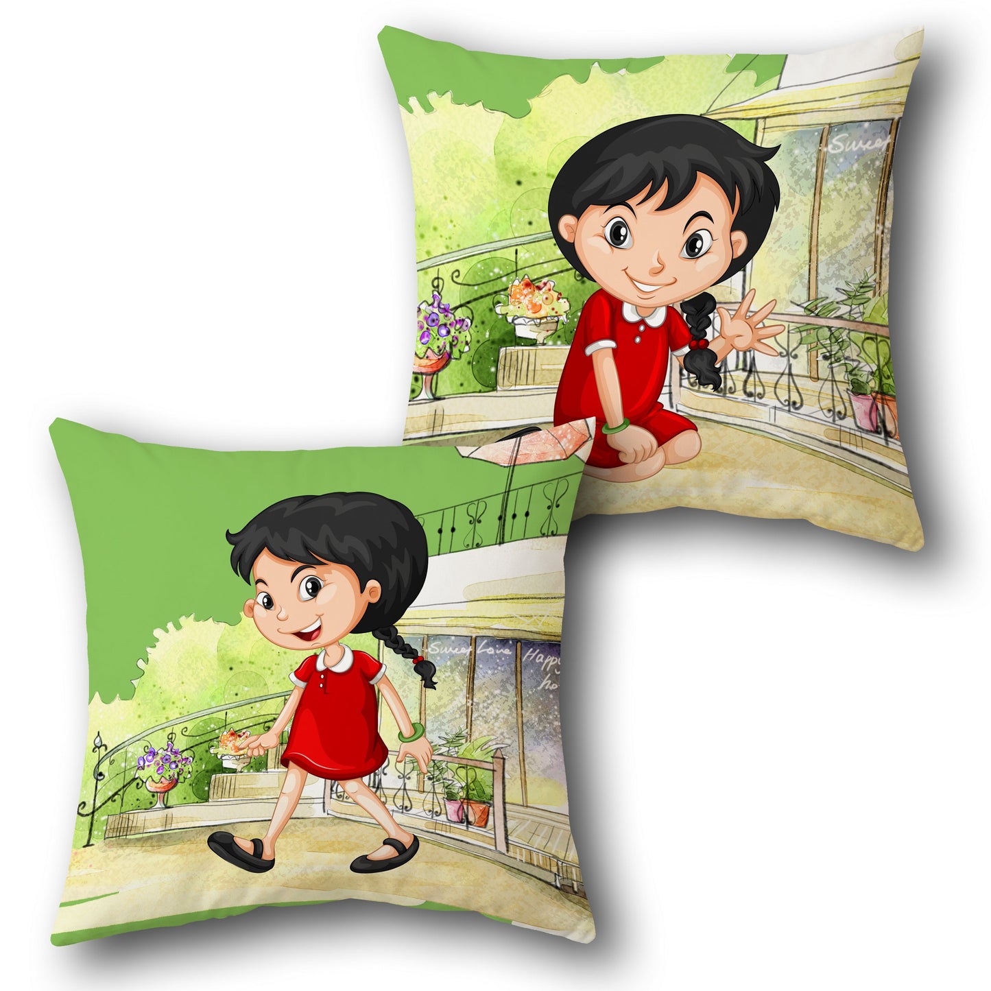 Happy Girl in Red Dress Single Cushion (Front & Back)