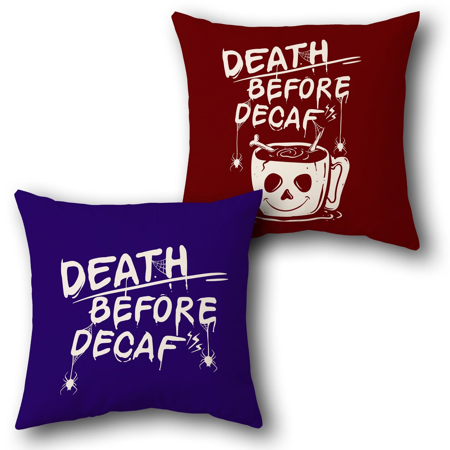 "Death Before Decaf" Spooky Throw  - Maroon and Navy Design Cushion Single (Front & Back)