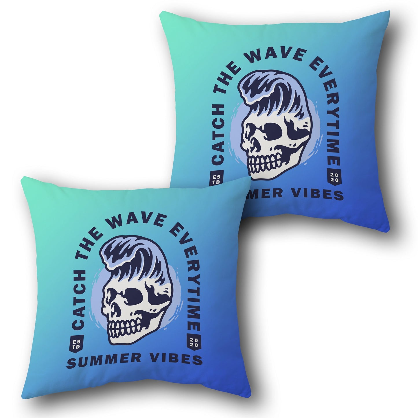 "Catch the Wave Every Time" Summer Skull Throw  - Gradient Blue Design Cushion Single (Front & Back)
