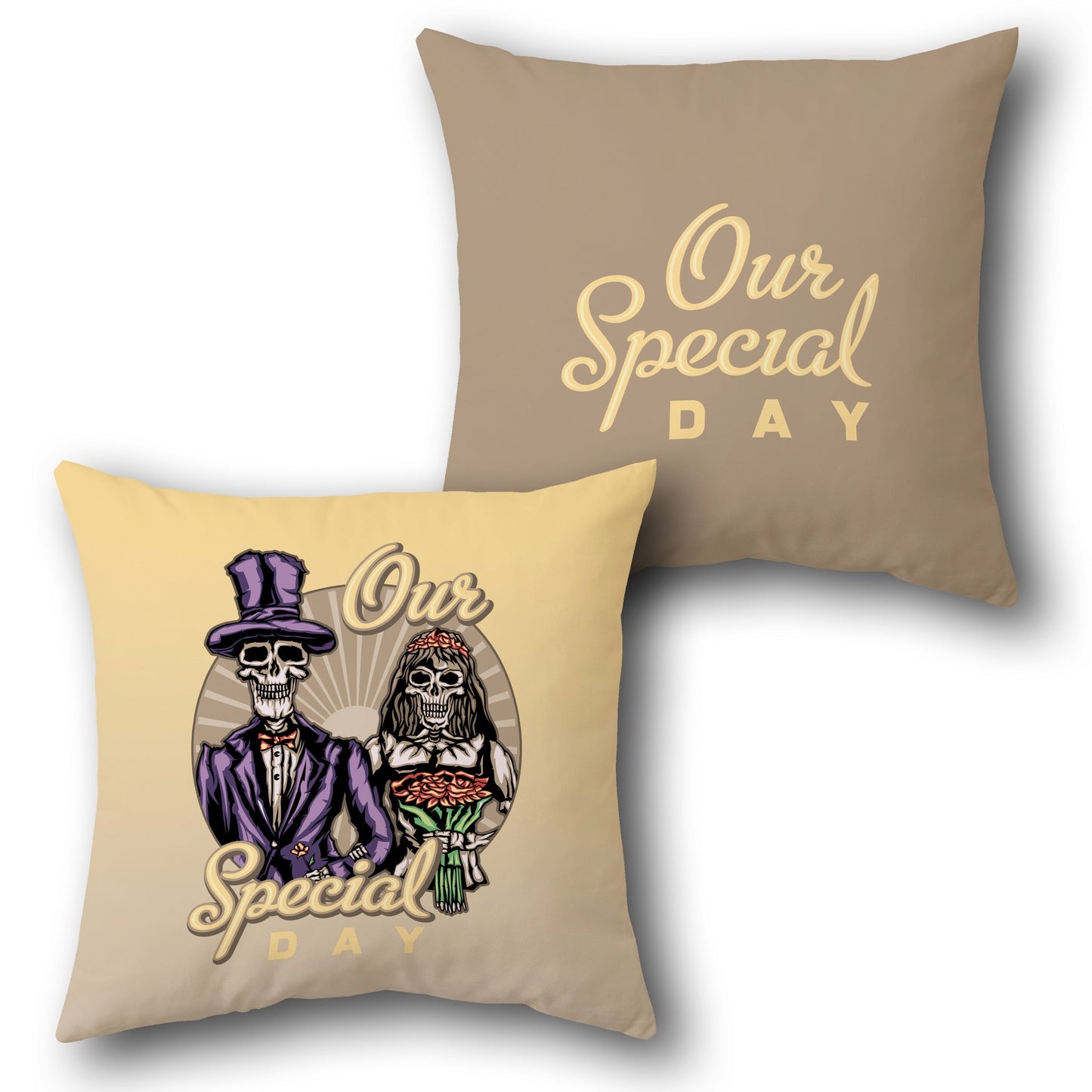 "Our Special Day" Skeleton Couple Throw  - Beige and Light Yellow Design Cushion Single (Front & Back)