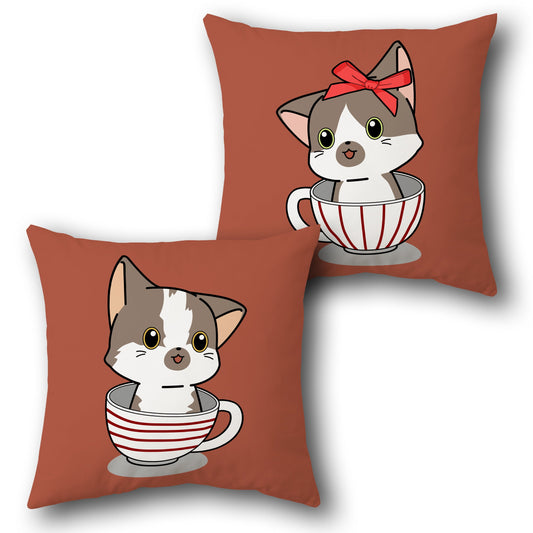 "Kitty in a Cup Decorative " in Rust Design Cushion Single (Front & Back)