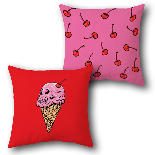 Cherry Skull Ice Cream Throw  - Red & Pink Design Cushion Single (Front & Back)