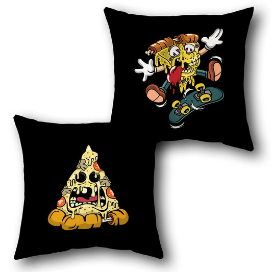 Cartoon Pizza Character Black Throw  Design Cushion Single (Front & Back)