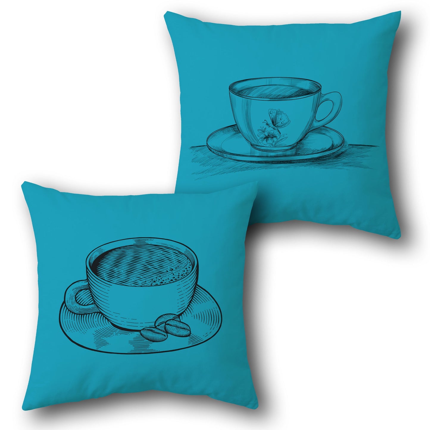 Vintage Coffee Cup Throw  – Teal Blue Background with Hand-Drawn Design Design Cushion Single (Front & Back)