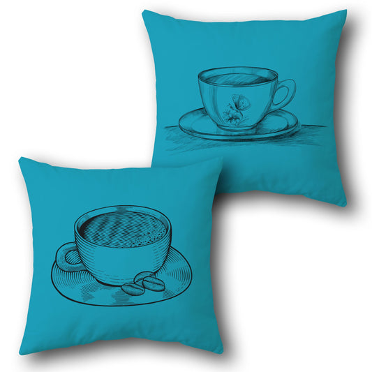 Vintage Coffee Cup Throw  – Teal Blue Background with Hand-Drawn Design Design Cushion Single (Front & Back)