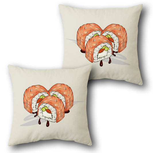 Sushi Roll Art Throw  – Cream Background with Salmon Sushi Design Design Cushion Single (Front & Back)