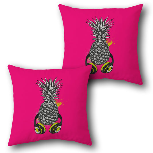 Funky Pineapple with Headphones Throw  – Hot Pink Background Design Cushion Single (Front & Back)