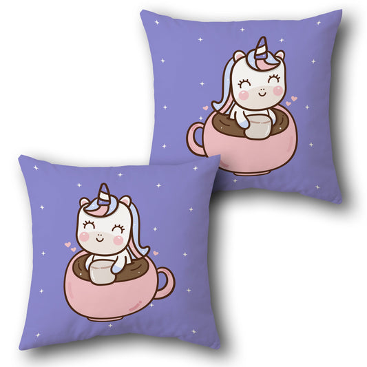Kawaii Unicorn Coffee Cup Throw  – Lavender Background Design Cushion Single (Front & Back)