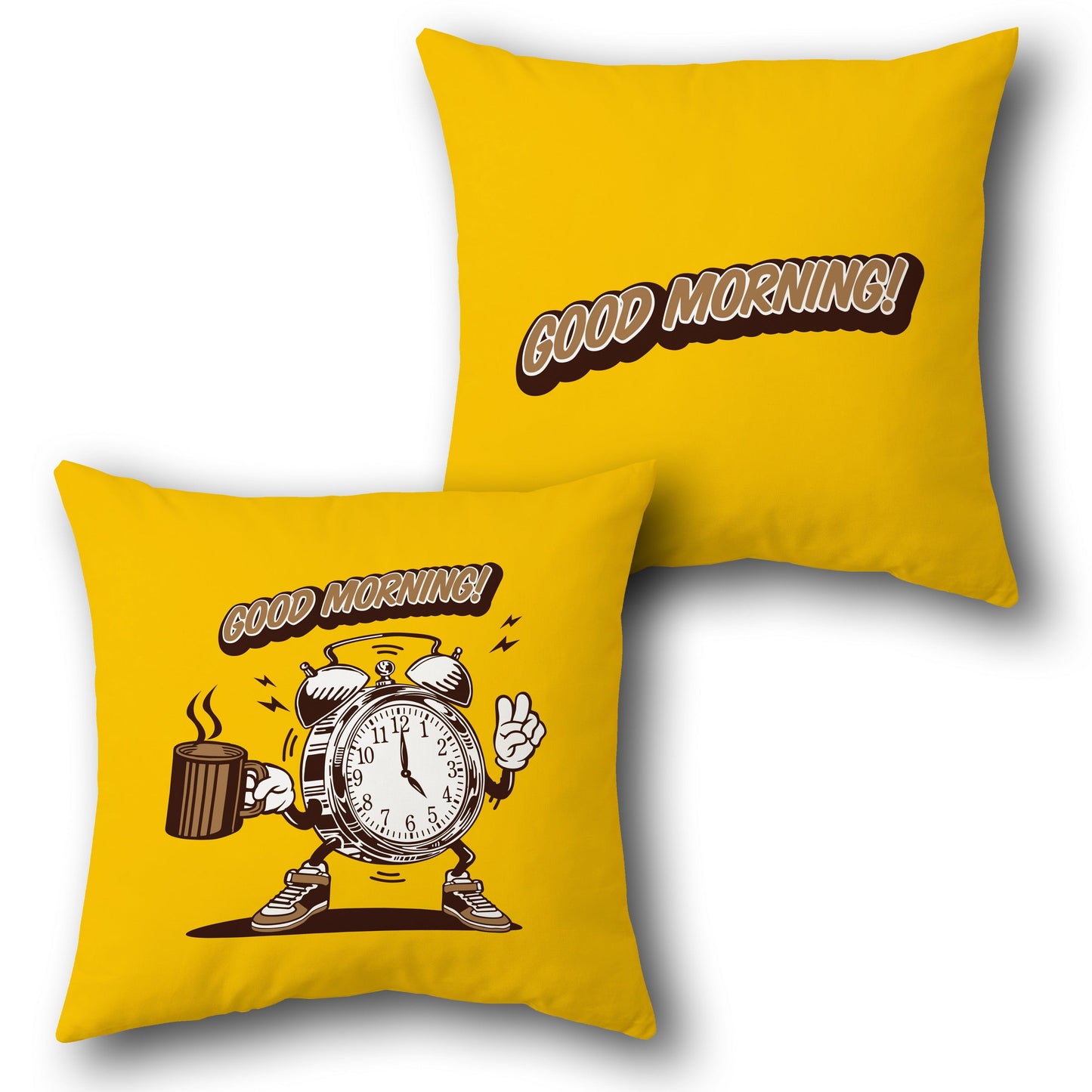 Good Morning Alarm Clock Throw  – Bright Yellow Design Cushion Single (Front & Back)