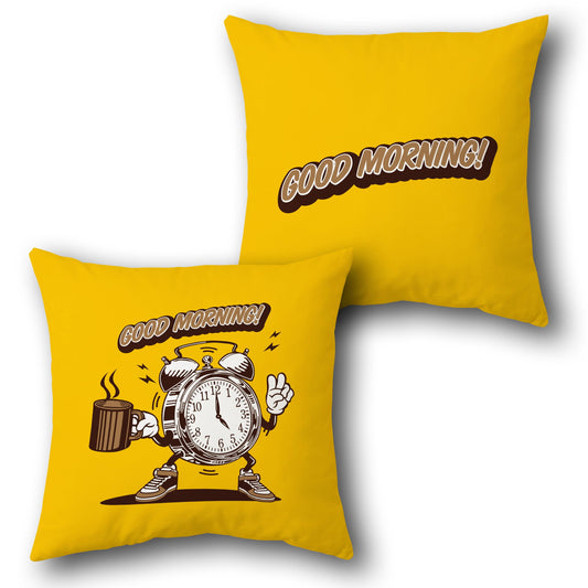 Good Morning Alarm Clock Throw  – Bright Yellow Design Cushion Single (Front & Back)