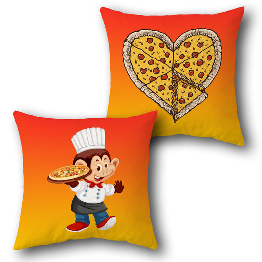 Pizza Love & Monkey Chef Throw  – Sunset Gradient Design Cushion Single (Front & Back)