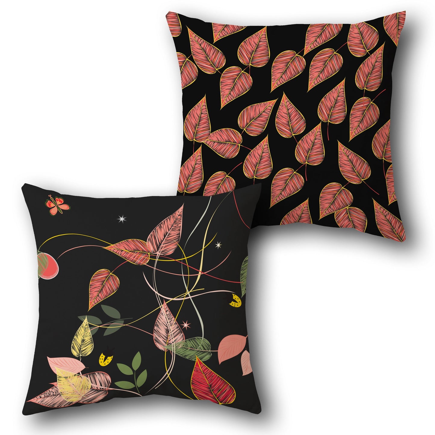 Vibrant Leaf and Insect Decorative  Design Cushion Single (Front & Back)