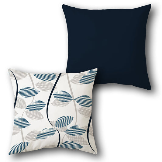 Modern Leaf Reversible  – Navy & Cream Design Cushion Single (Front & Back)