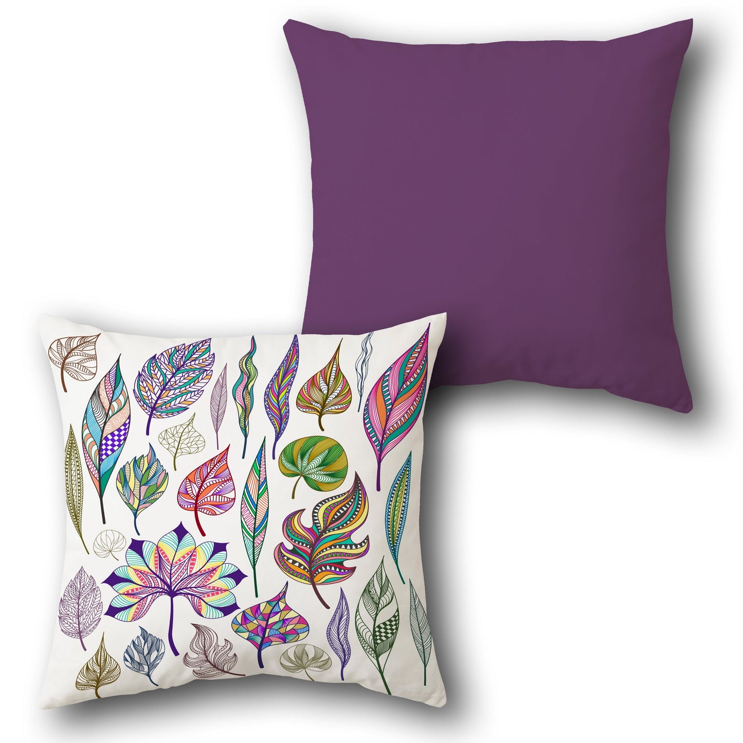 Boho Rainbow Leaf Reversible  – Multicolor & Plum Design Cushion Single (Front & Back)