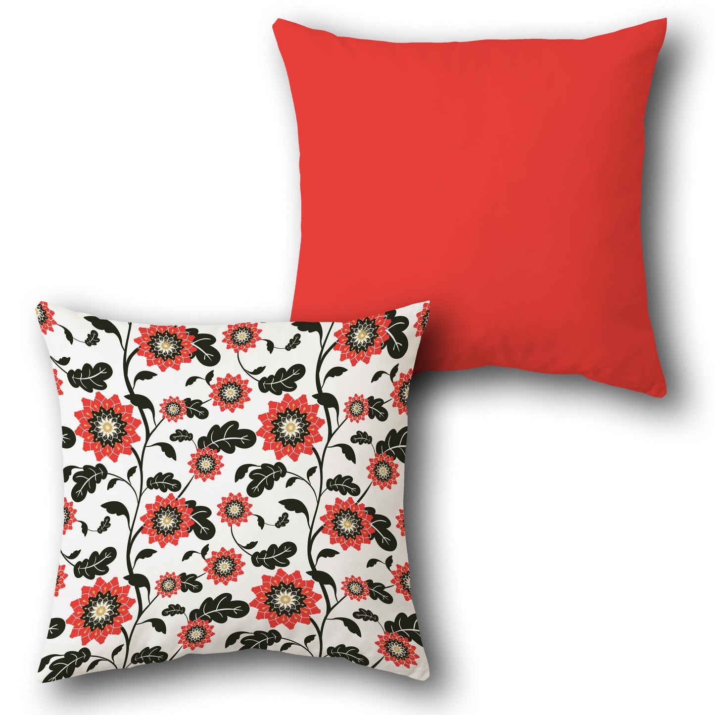 Red & Black Floral Reversible  – Bold Botanical Charm Design Cushion Single (Front & Back)
