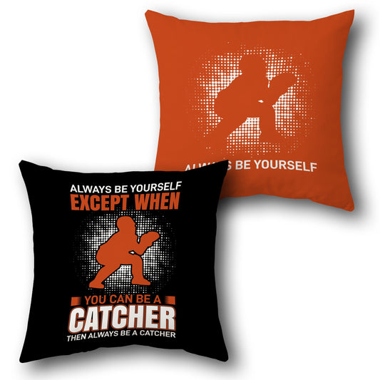 Baseball Catcher Quote Throw  – Black Front with Orange Back Design Cushion Single (Front & Back)