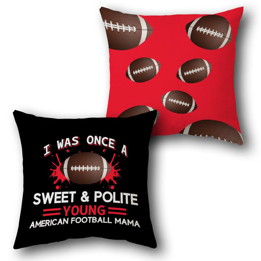 "American Football Mama Throw  – Black Front with Red Football Print Back" Design Cushion Single (Front & Back)