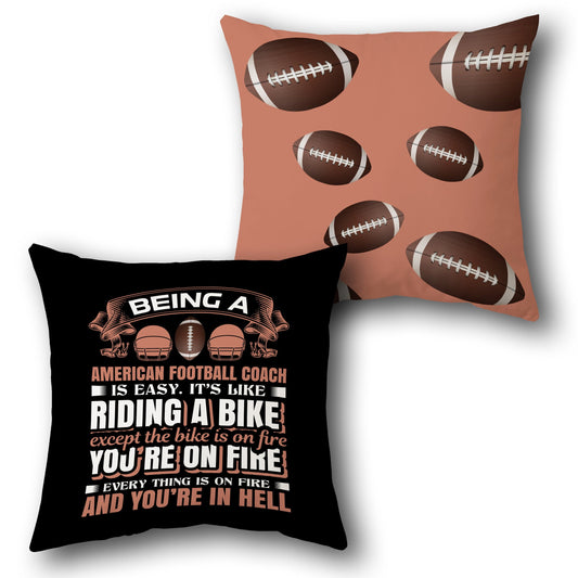 American Football Coach Humor Throw  – Black Front with Brown Football Print Back Design Cushion Single (Front & Back)