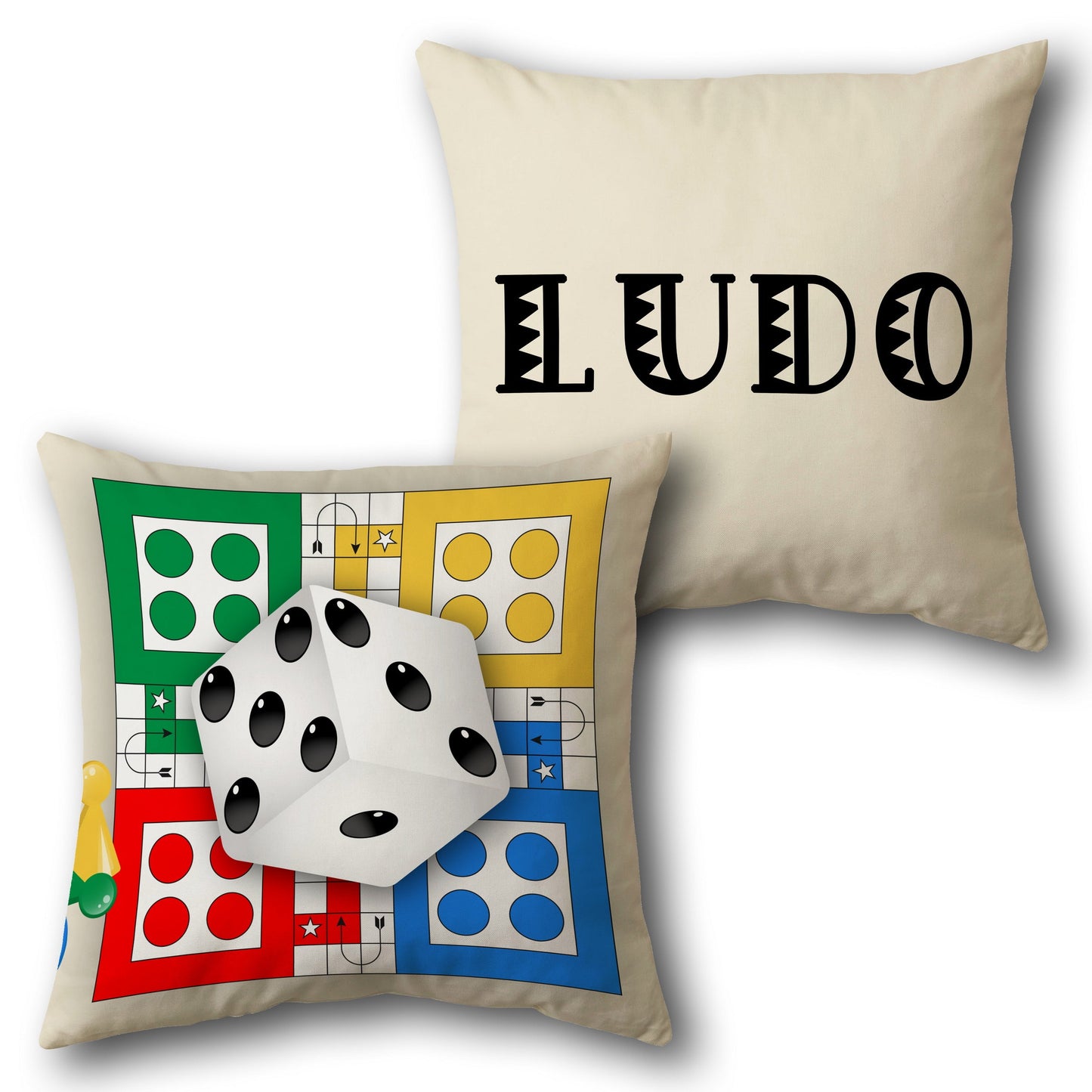 Ludo Board  - Beige with Multicolor Accents Design Cushion Single (Front & Back)