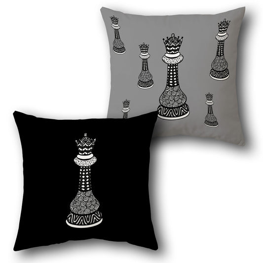 Doodle Queen Chess  – Black & Gray Design Cushion Single (Front & Back)