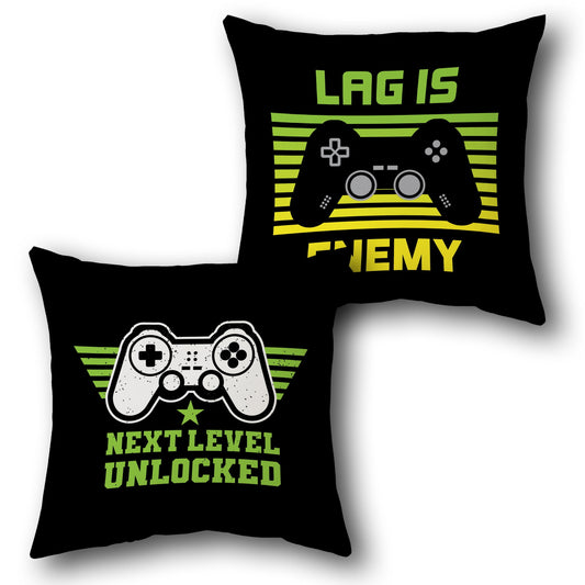 Lag Enemy & Level Unlocked Gamer  Design Cushion Single (Front & Back)