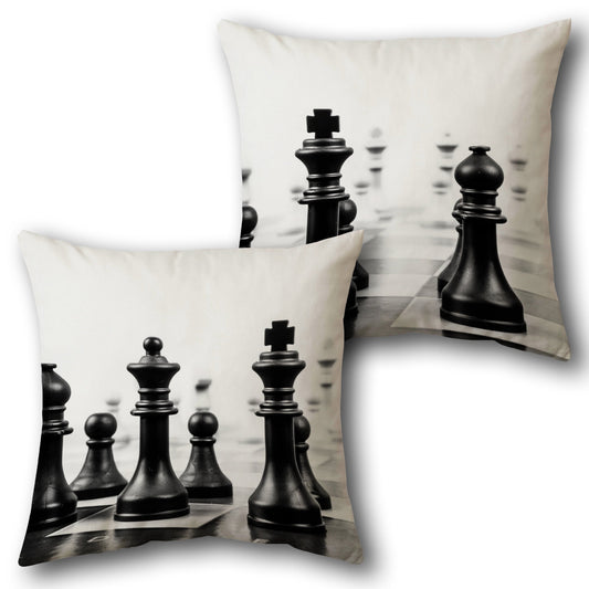 Black Chess Pieces  - Monochrome with Black and White Accents Design Cushion Single (Front & Back)
