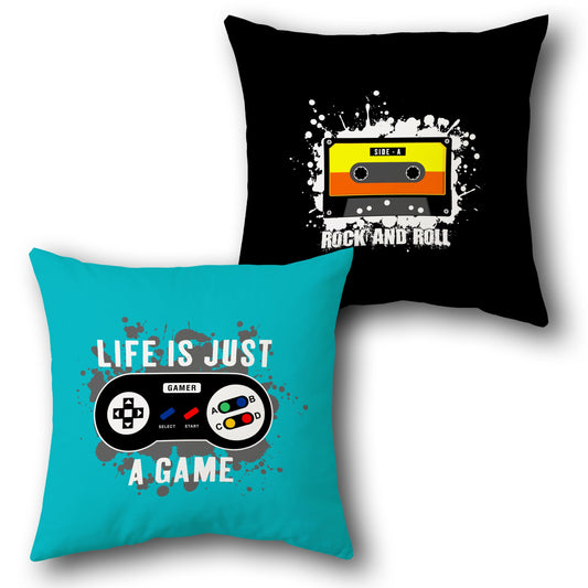 Gamer and Rock Music Throw  - Cyan and Black Design Cushion Single (Front & Back)