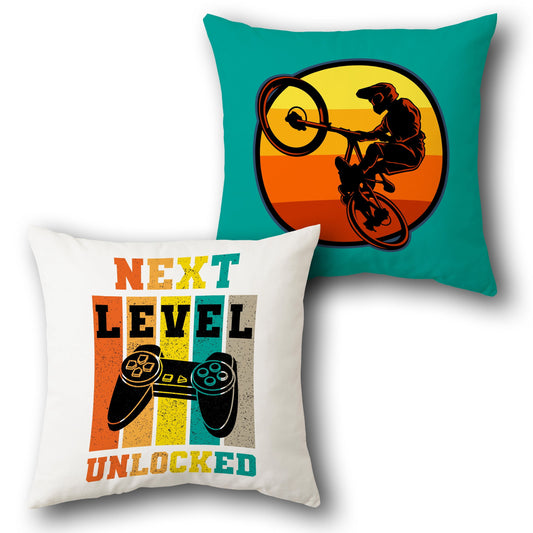"Next Level Unlocked" & Stunt Biker Graphic Design Cushion