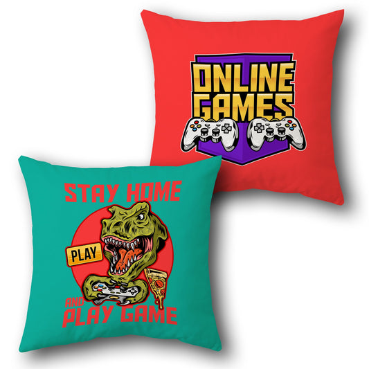 Gamer Dino & Online Games Cushion – Dual-Sided Fun Print