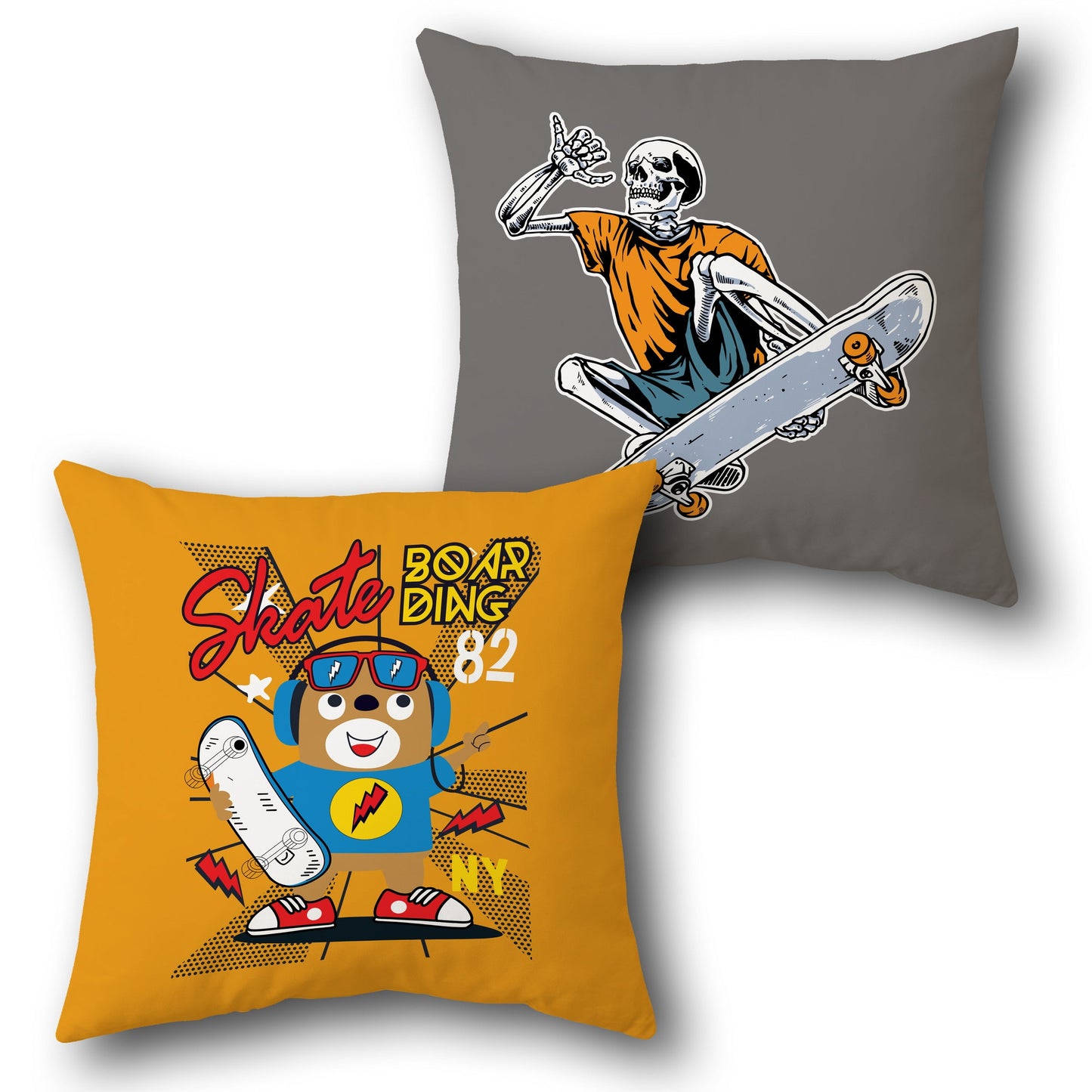 Skateboarding Bear & Skeleton Cushion (Single, Front & Back)
