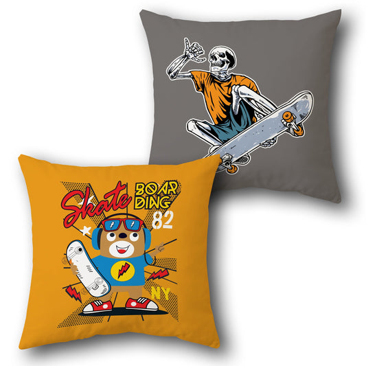 Skateboarding Bear & Skeleton Cushion (Single, Front & Back)