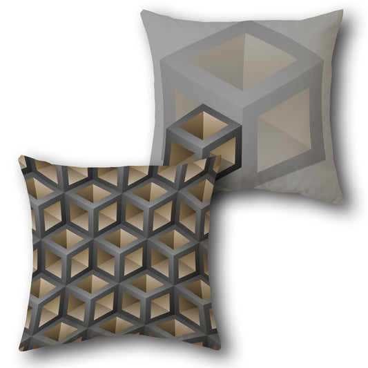 Product Name: Gray and Gold 3D Cube  Design Cushion Single (Front & Back)